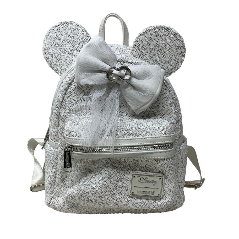Loungefly Disney Minnie Mouse Sequin Wedding Mini Backpack White *READ